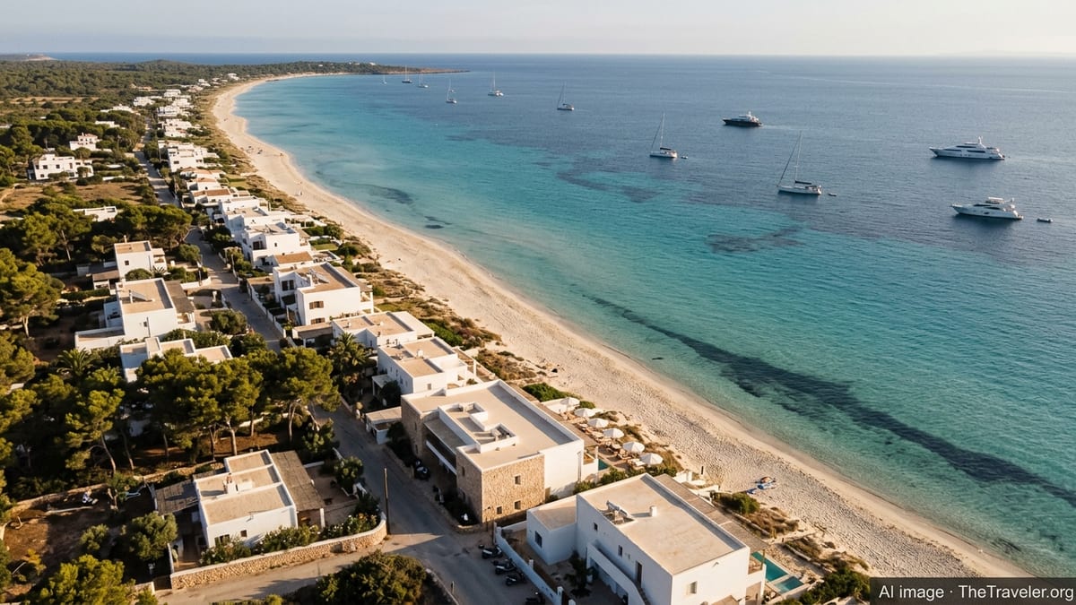 Aerial view of Formentera’s low-rise beachfront hotels and turquoise shoreline at golden hour.