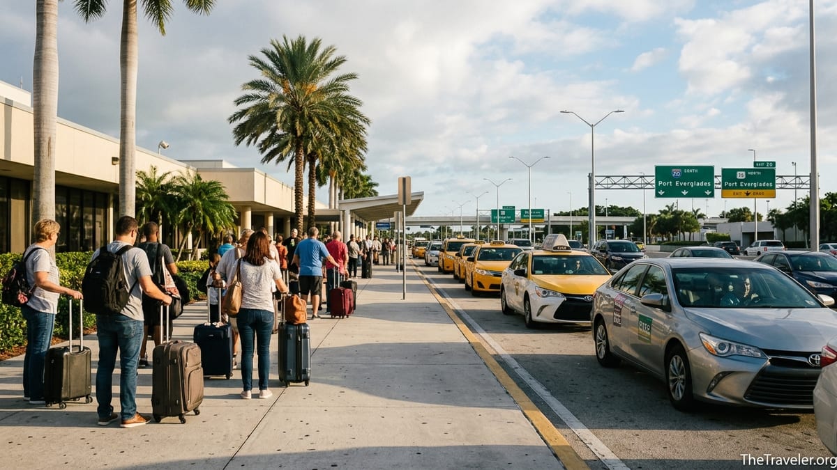 Travelers with luggage boarding taxis outside Fort Lauderdale Airport on their way to Port Everglades.