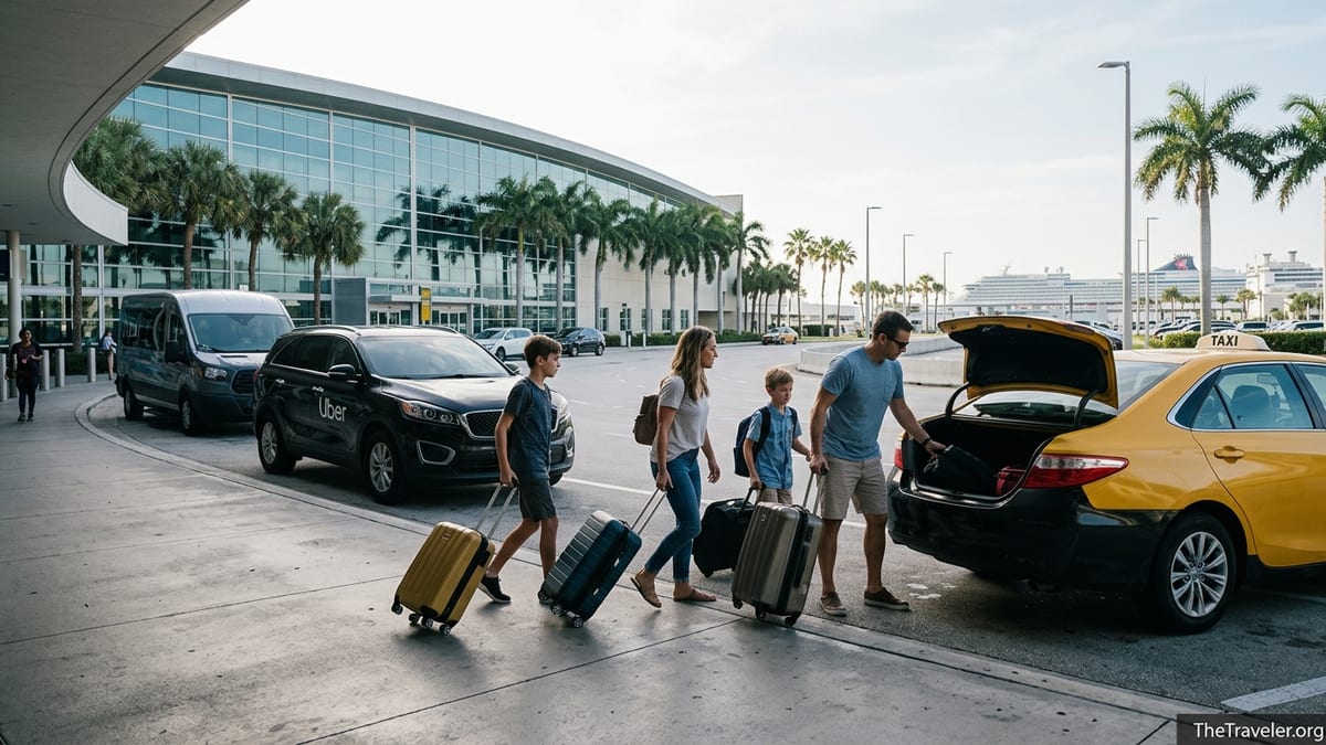 Travelers with luggage boarding a taxi at Fort Lauderdale Airport with cruise ships visible in the distance.