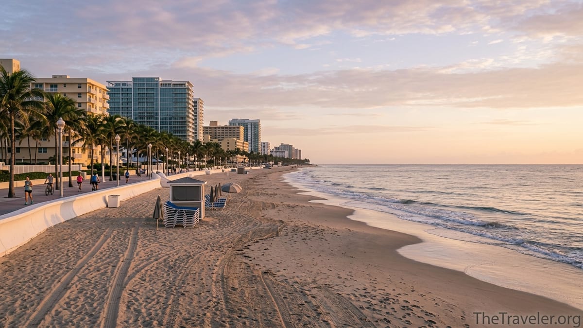 Early morning view of Fort Lauderdale Beach promenade with palms, hotels and quiet shoreline
