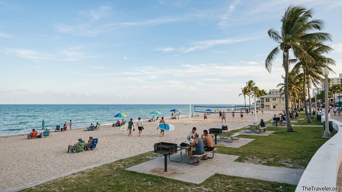 People using grills, picnic tables and volleyball court at Fort Lauderdale Beach Park by the ocean.
