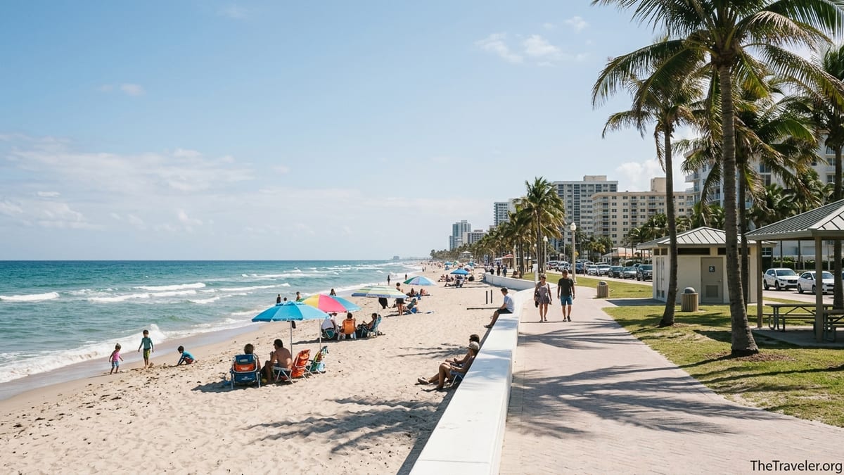 Families and palm trees along the sand and promenade at Fort Lauderdale Beach Park on a sunny day.