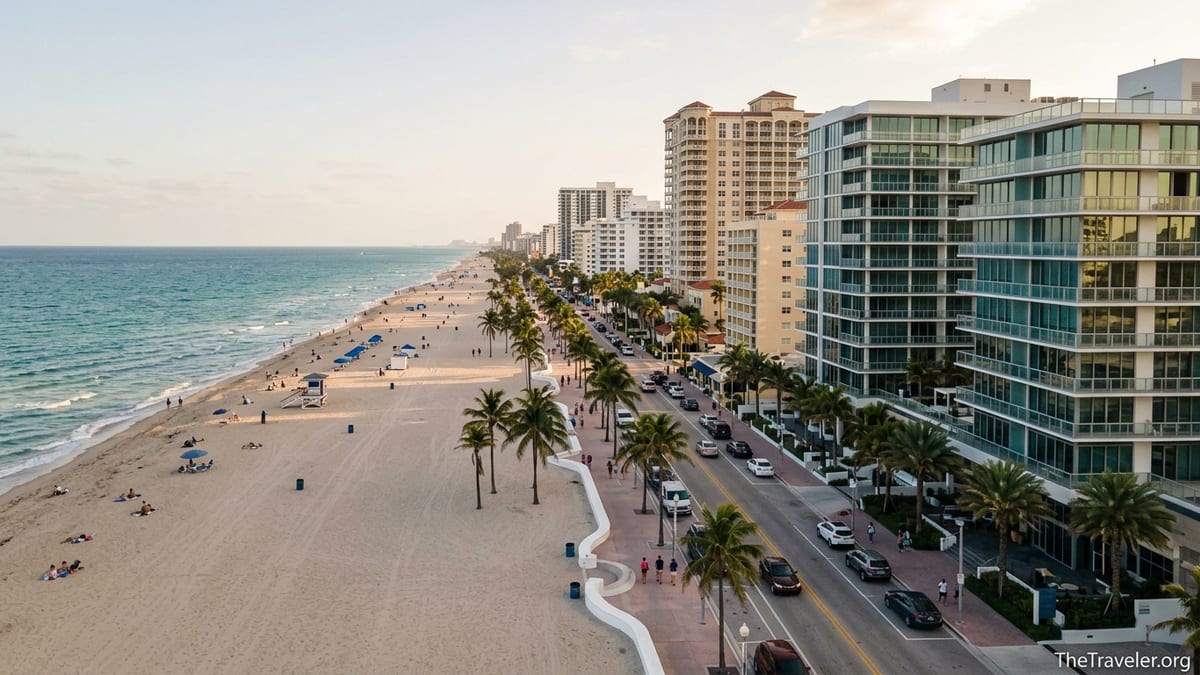 Aerial view of Fort Lauderdale Beach Park with nearby beachfront hotels and promenade.
