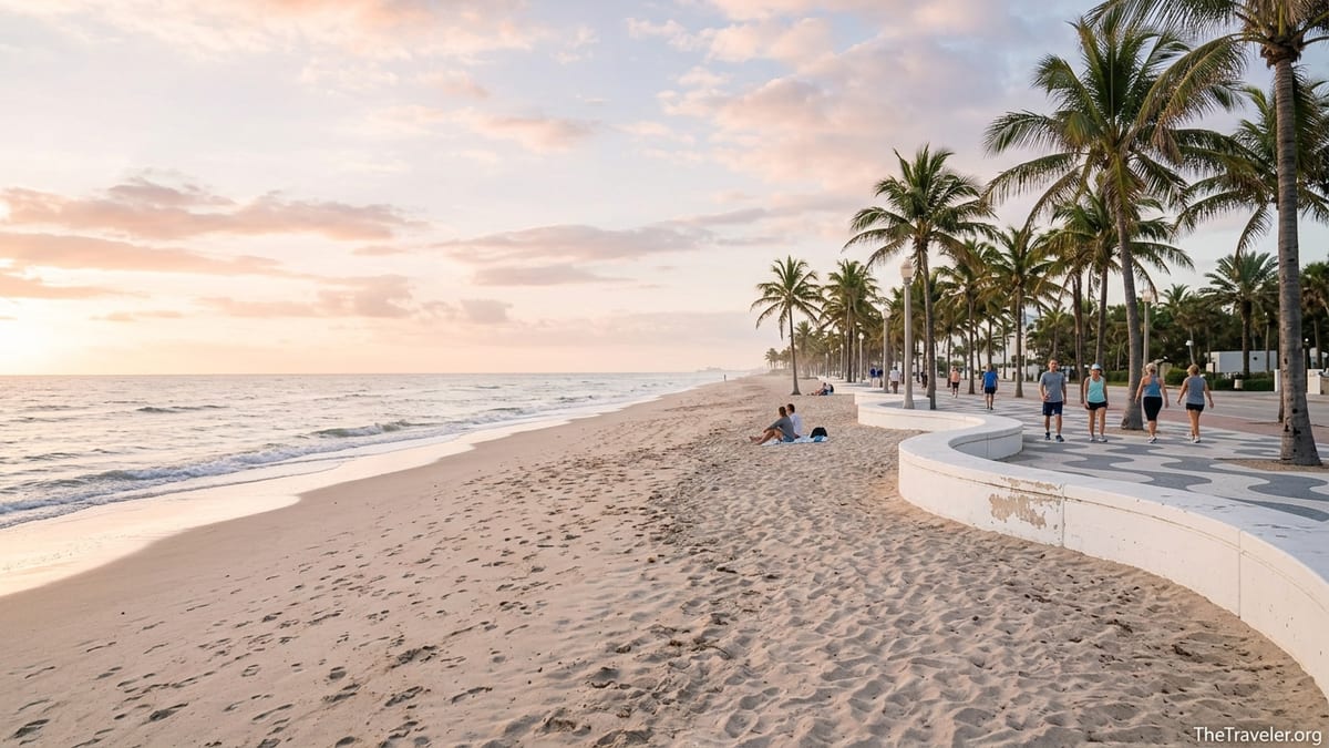 Sunrise over Fort Lauderdale Beach Park with palm trees, promenade and a few early walkers.