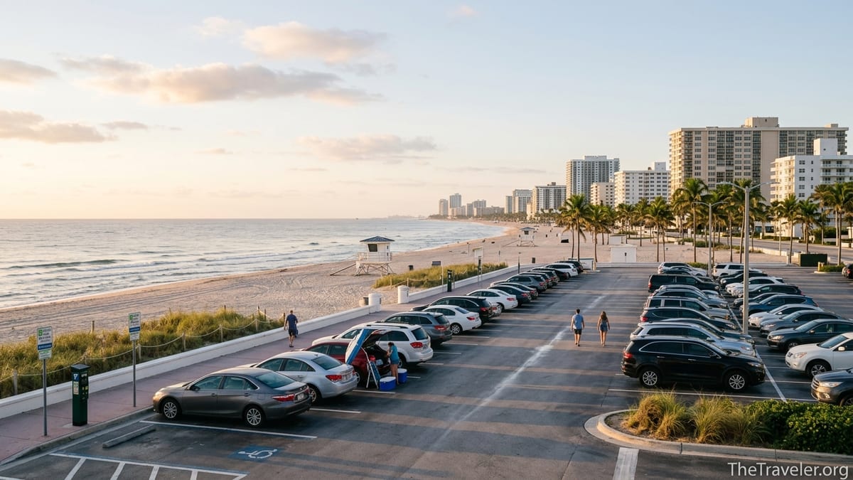 Morning view of parking lot and beach at Fort Lauderdale Beach Park with cars, palm trees and shoreline.
