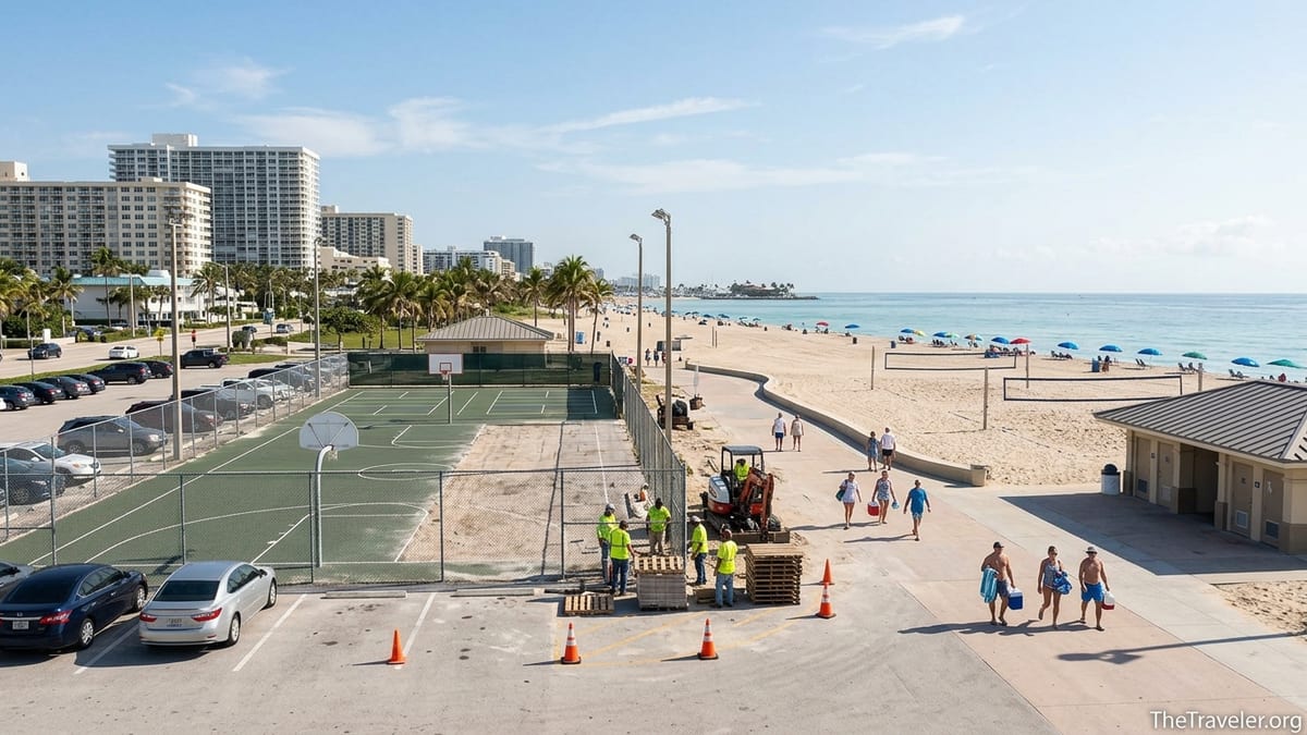 Renovation work around courts at Fort Lauderdale Beach Park beside a busy sandy shoreline.