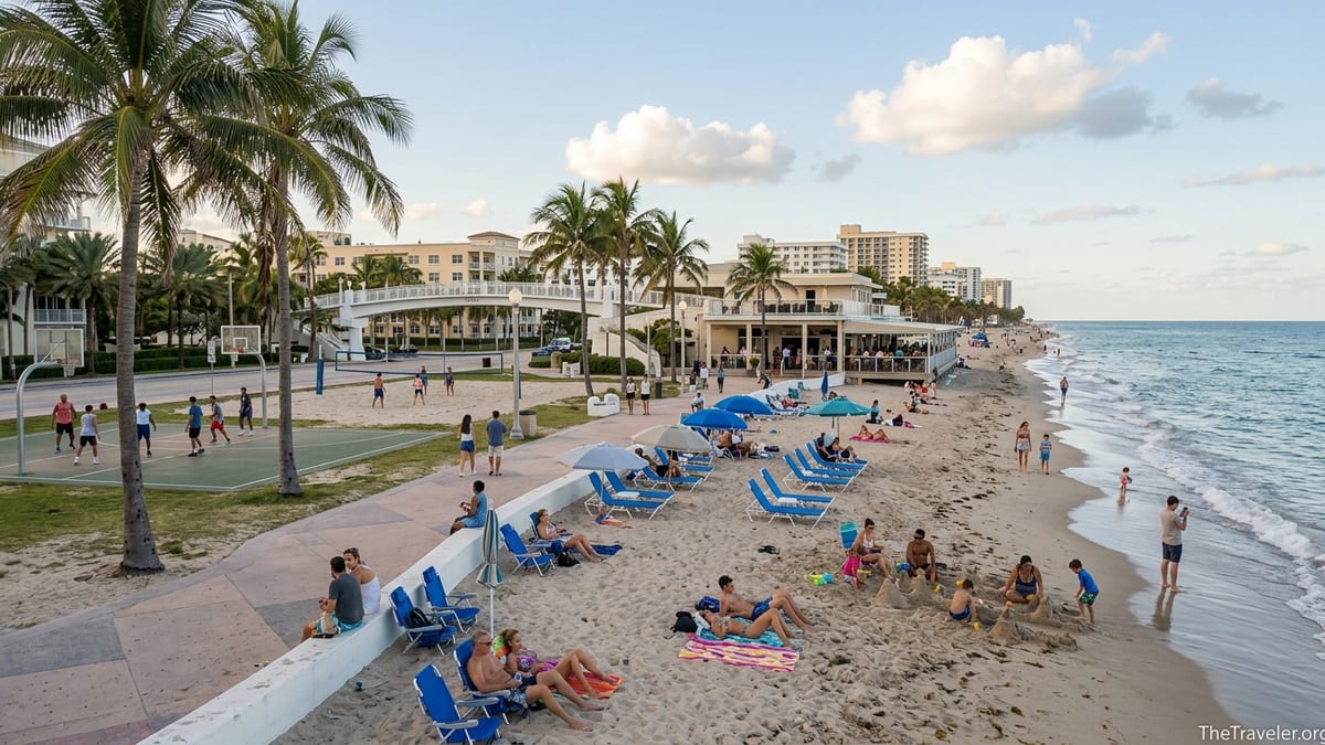 People swimming, sunbathing, and playing sports at Fort Lauderdale Beach Park on a sunny afternoon.