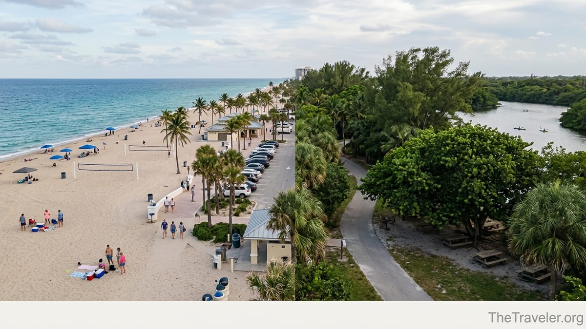 View contrast between sunny Fort Lauderdale Beach Park and shaded Hugh Taylor Birch State Park lagoon and picnic area.