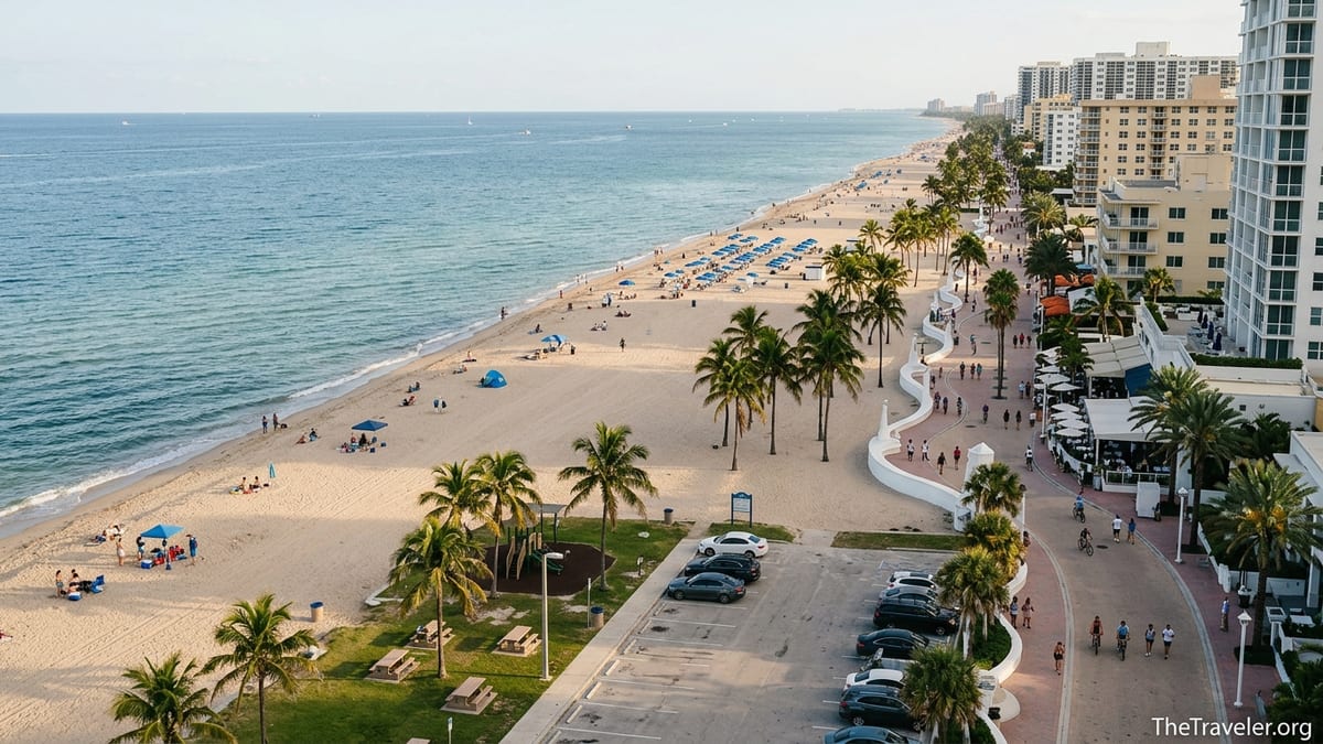 Aerial view of Fort Lauderdale Beach Park and the busier Las Olas Beach shoreline on a sunny afternoon.