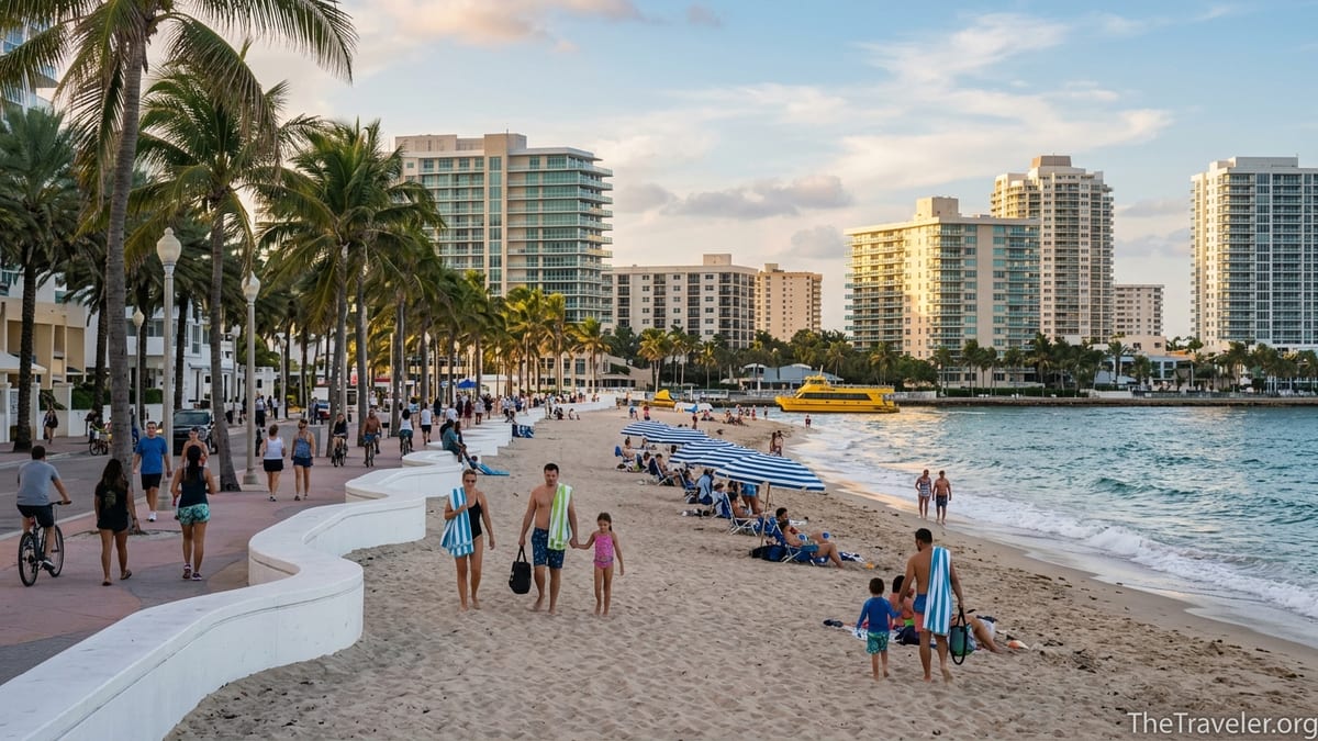 Golden hour view of Fort Lauderdale Beach with palm-lined promenade, soft waves, and distant Water Taxi.