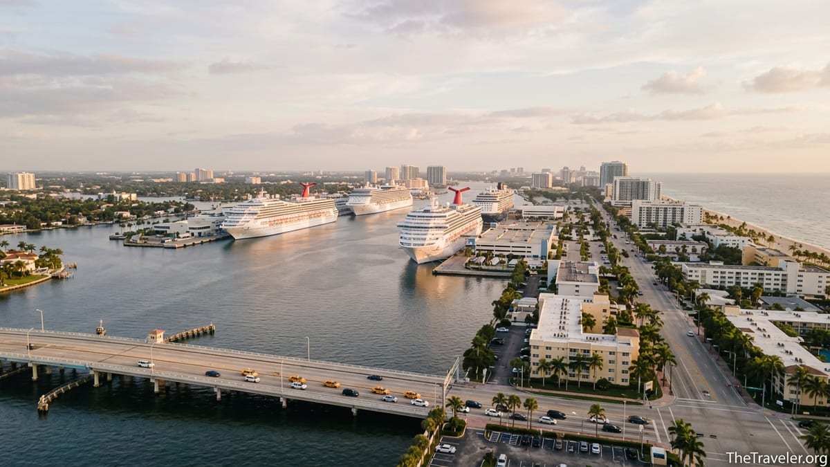 Aerial view of Port Everglades cruise ships with Fort Lauderdale skyline and beach at sunset.
