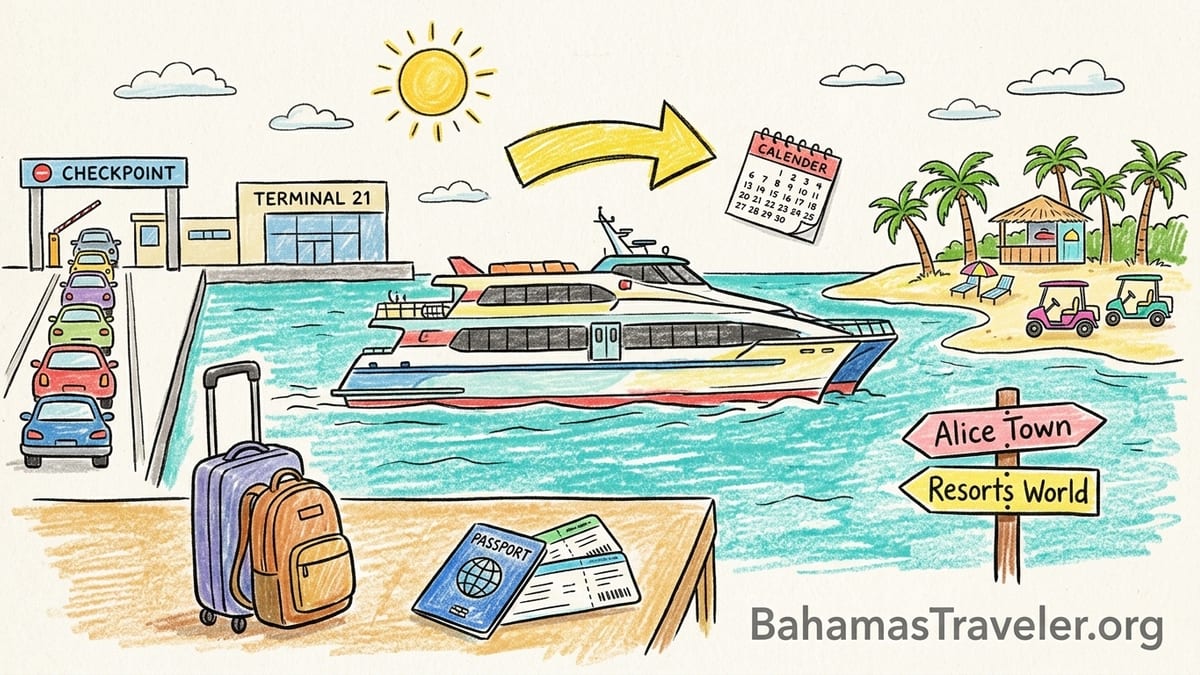 Travelers with passports and carry-ons heading to the Baleària ferry at Port Everglades Terminal 21 at sunrise.