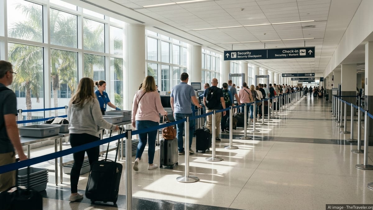 Travelers move through a relatively short TSA security line at Fort Lauderdale airport.