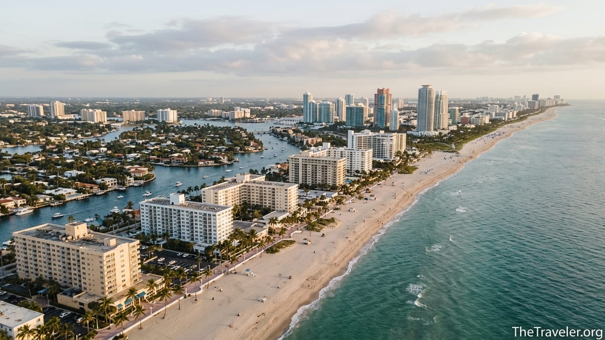 Aerial view of Fort Lauderdale and Miami coastlines with beaches and skyline at sunset