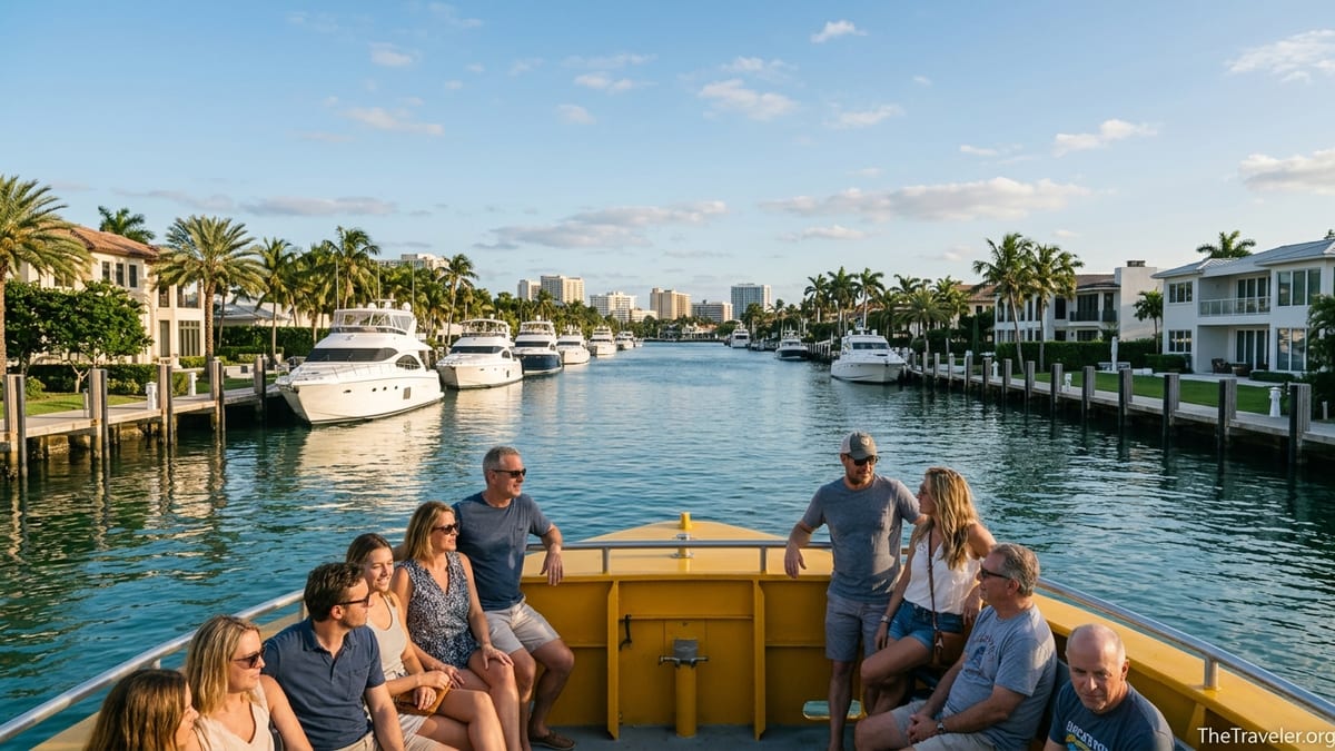 Fort Lauderdale Water Taxi passing Millionaires Row mansions along the Intracoastal Waterway at sunset.