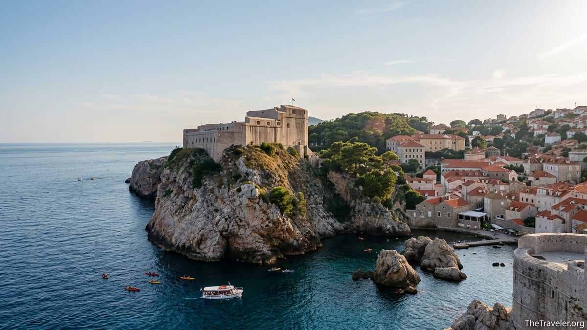 Fort Lovrijenac on a sea cliff above Dubrovnik’s Old Town and the Adriatic Sea at sunset.