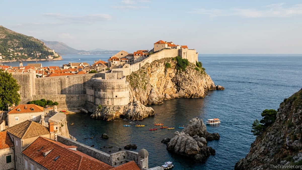 Fort Lovrijenac on a cliff above the Adriatic, seen from Dubrovnik’s city walls at golden hour.
