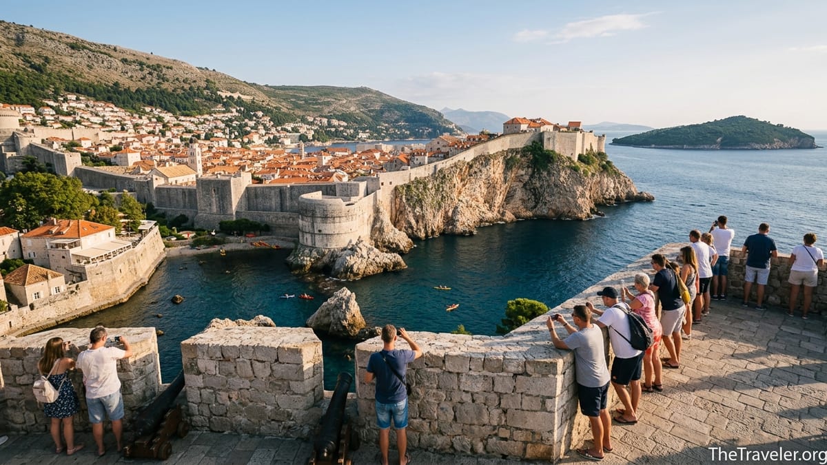 View of Dubrovnik Old Town and sea from the battlements of Fort Lovrijenac at golden hour.