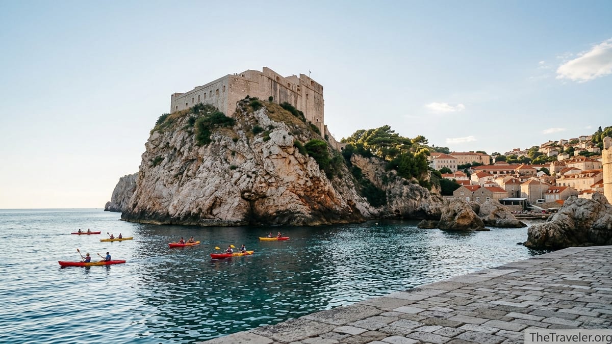 Fort Lovrijenac on a cliff above the sea with Dubrovnik’s city walls and kayaks below.