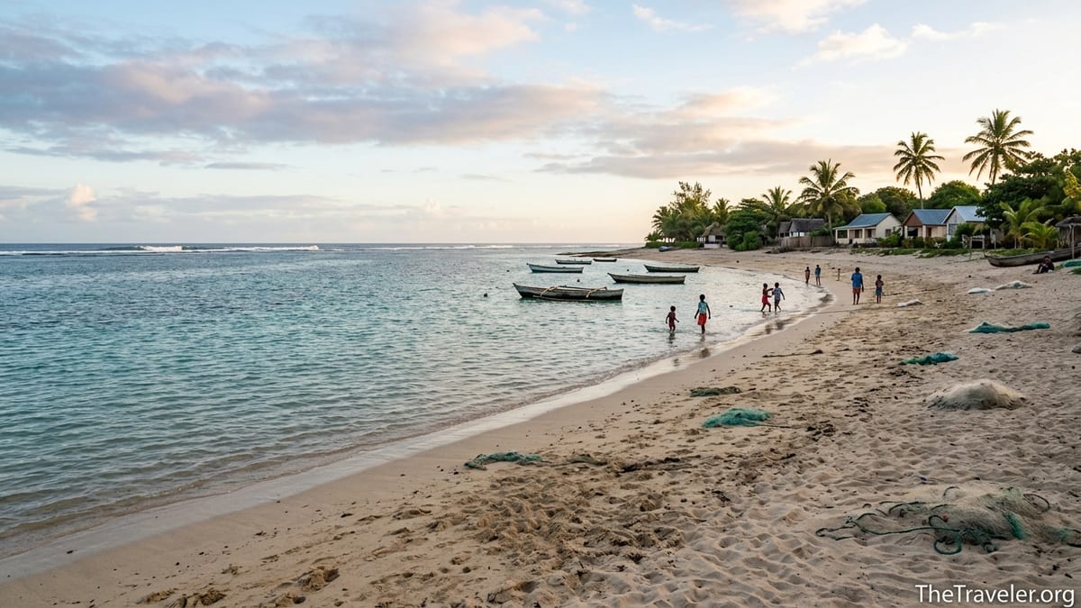 Calm coral-protected lagoon and sandy beach at Foulpointe, Madagascar at sunrise.
