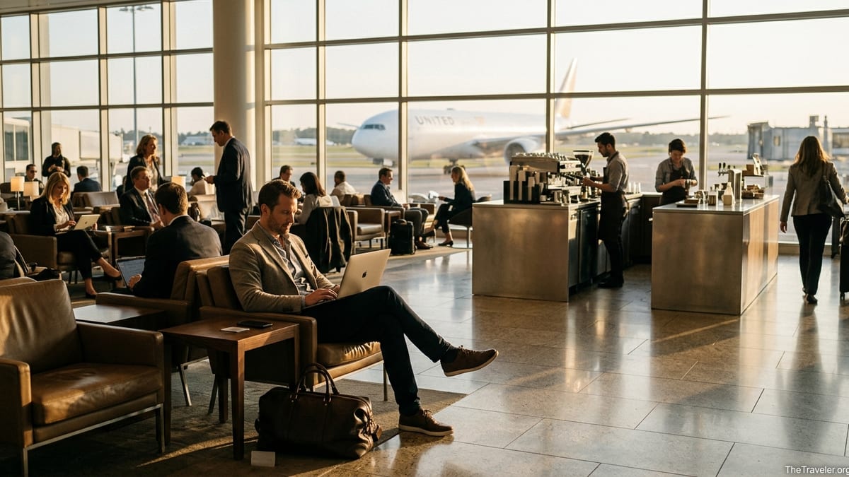 Entrepreneur relaxing in a bright airport lounge with laptop and carry-on bag at golden hour.