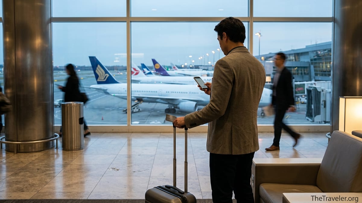 Business traveler in an airport lounge at dusk looking out at planes on the tarmac.