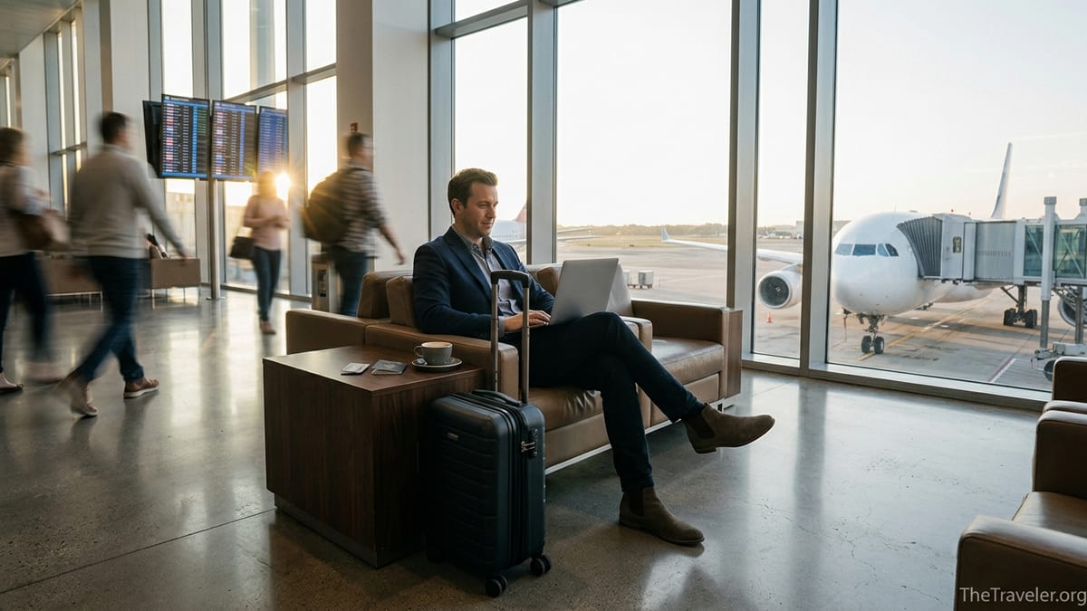 Traveler with laptop and metal membership card waiting in a quiet airport lounge at sunset.