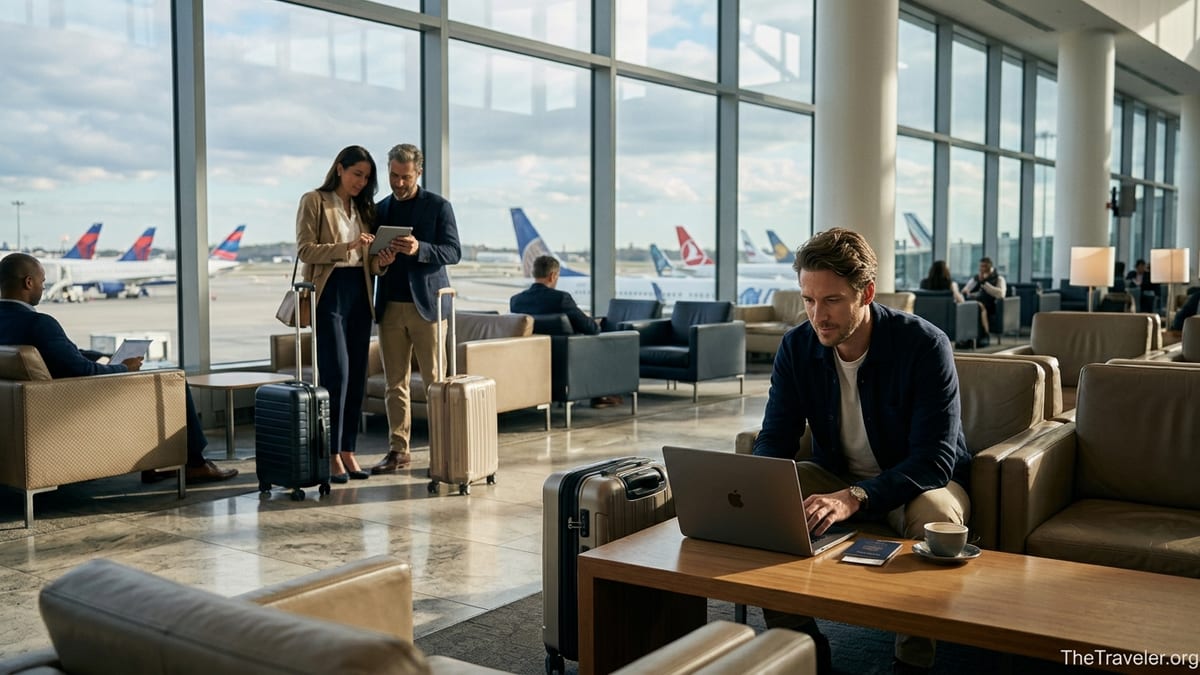 Frequent travelers working and relaxing in a bright airport lounge with planes outside.