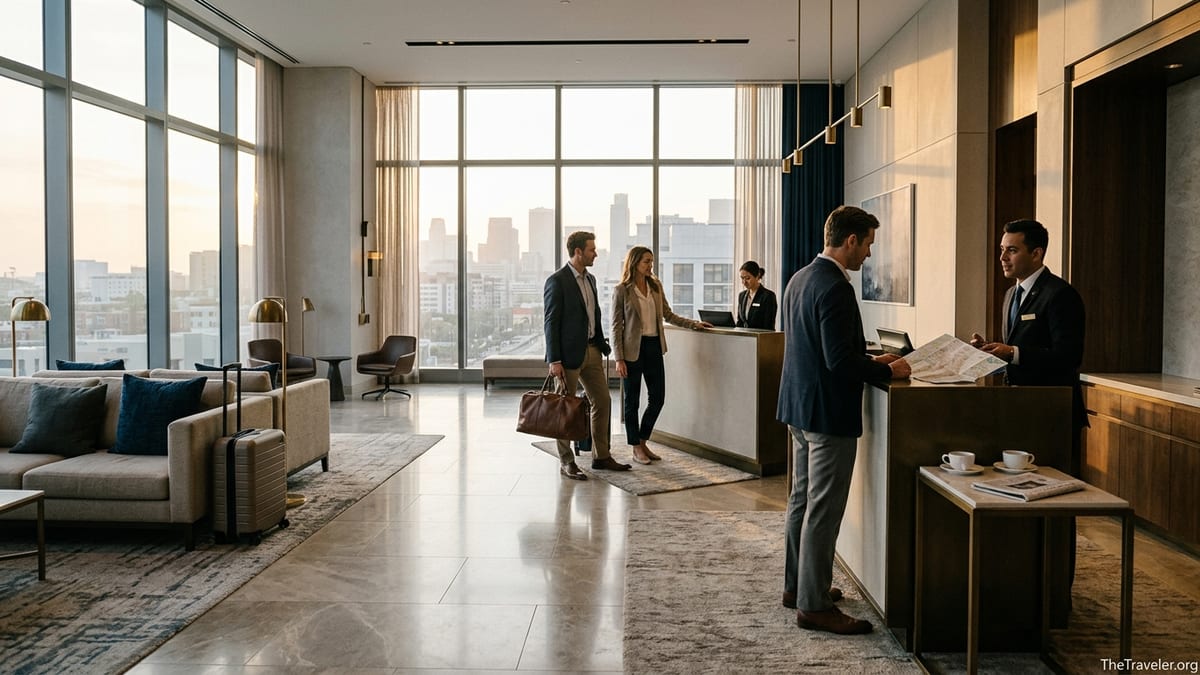 Business travelers check in at a modern luxury hotel lobby with city views at sunrise.