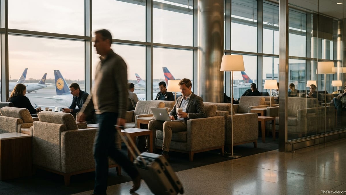 Traveler working on a laptop in an airport lounge overlooking planes on the tarmac.