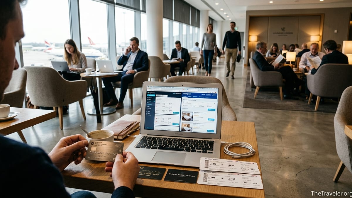 Traveler comparing multiple travel membership cards at an airport lounge table.