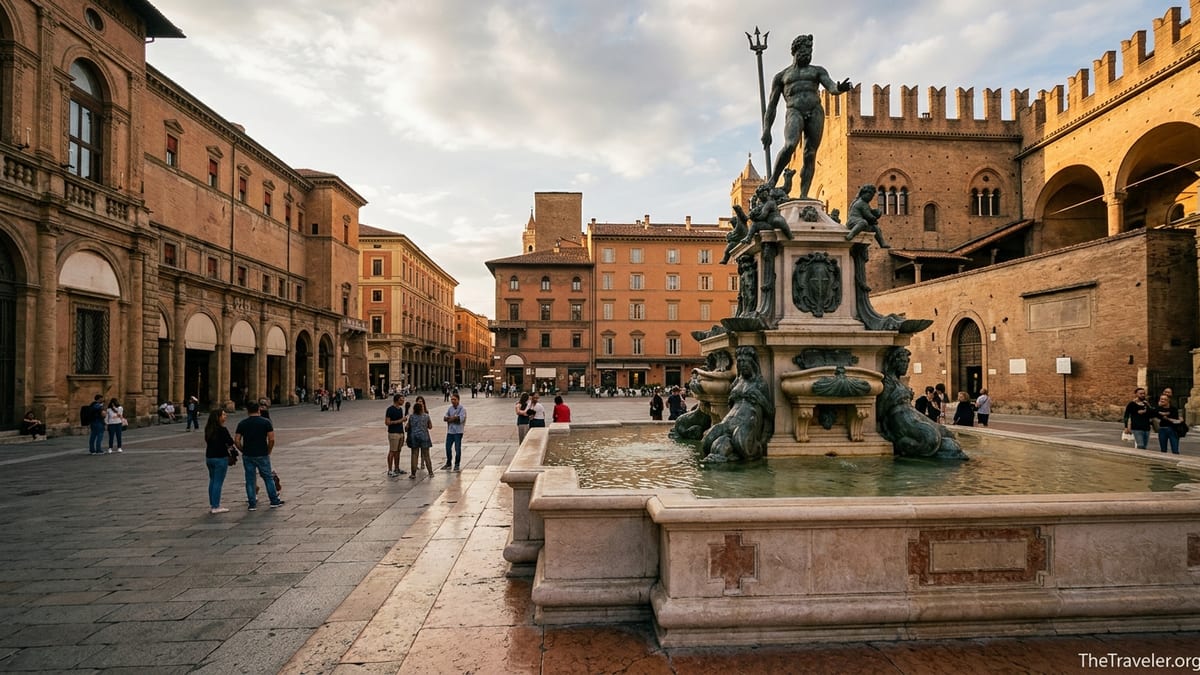 Fountain of Neptune in Bologna at golden hour with people in the surrounding square.