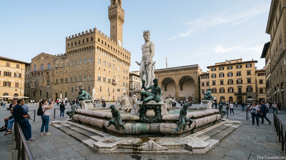 Fountain of Neptune in Florence’s Piazza della Signoria on a sunny afternoon.