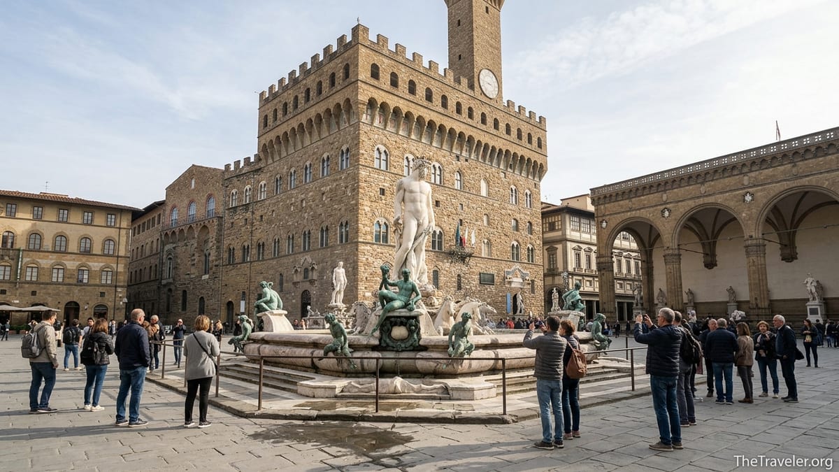 Fountain of Neptune in Florence’s Piazza della Signoria with Palazzo Vecchio behind it.