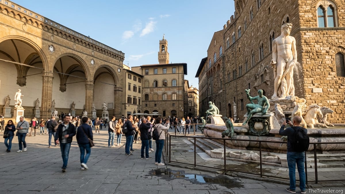 Travelers standing near Florence’s Fountain of Neptune in Piazza della Signoria at golden hour.