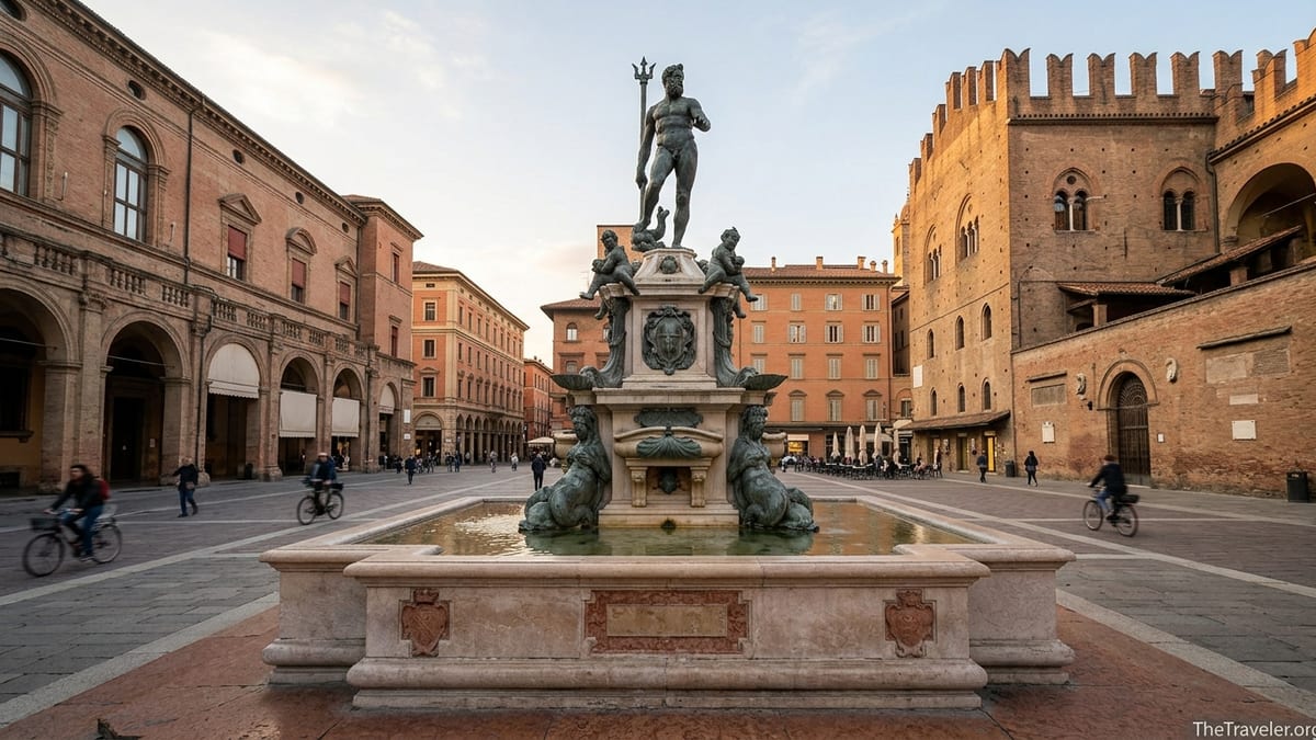 Golden hour view of Bologna’s Fountain of Neptune with detailed bronze figures in a lively piazza.