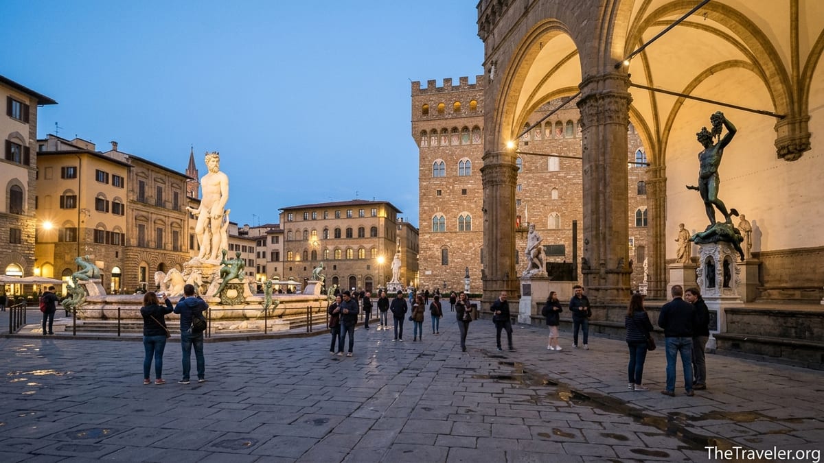 Evening view of Florence’s Piazza della Signoria with Neptune fountain and Perseus statue.