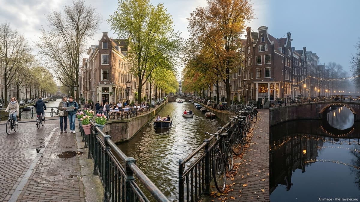 Four-season panorama of Amsterdam canal with Dutch gabled houses. 