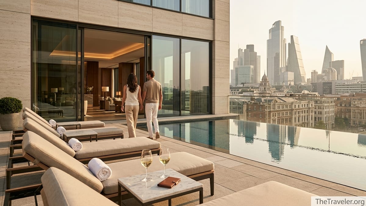 Four Seasons hotel rooftop pool and terrace at sunset overlooking a city skyline.