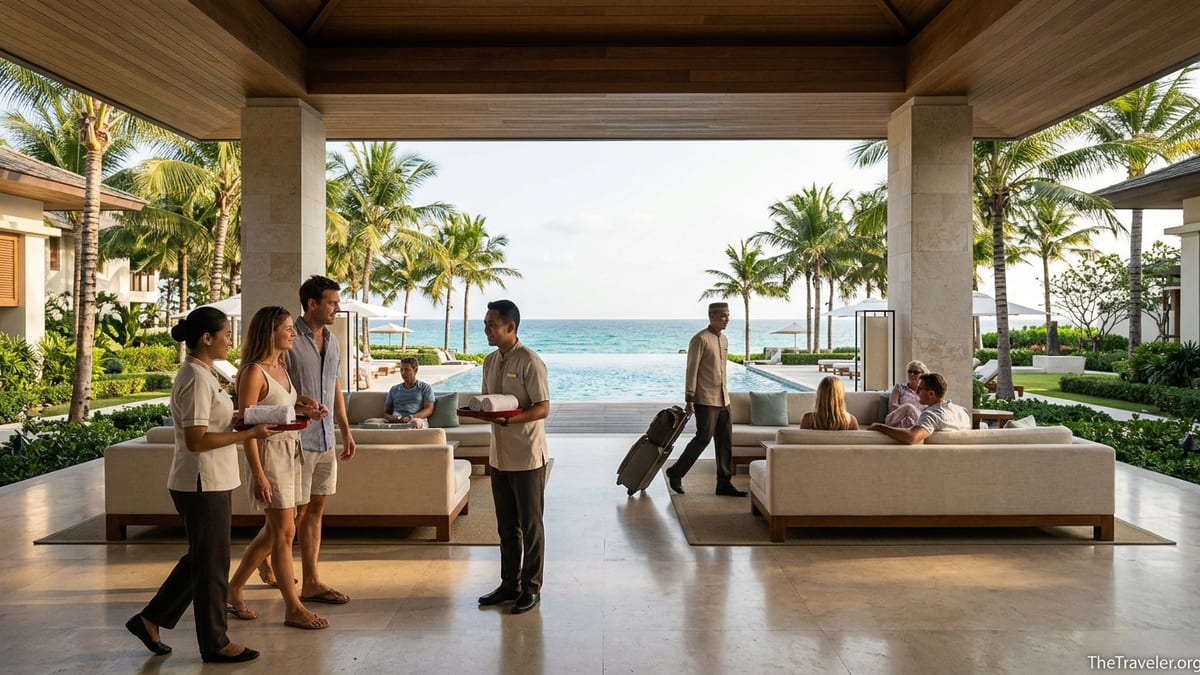 Guests greeted by staff in an airy Four Seasons resort lobby overlooking pool and ocean.
