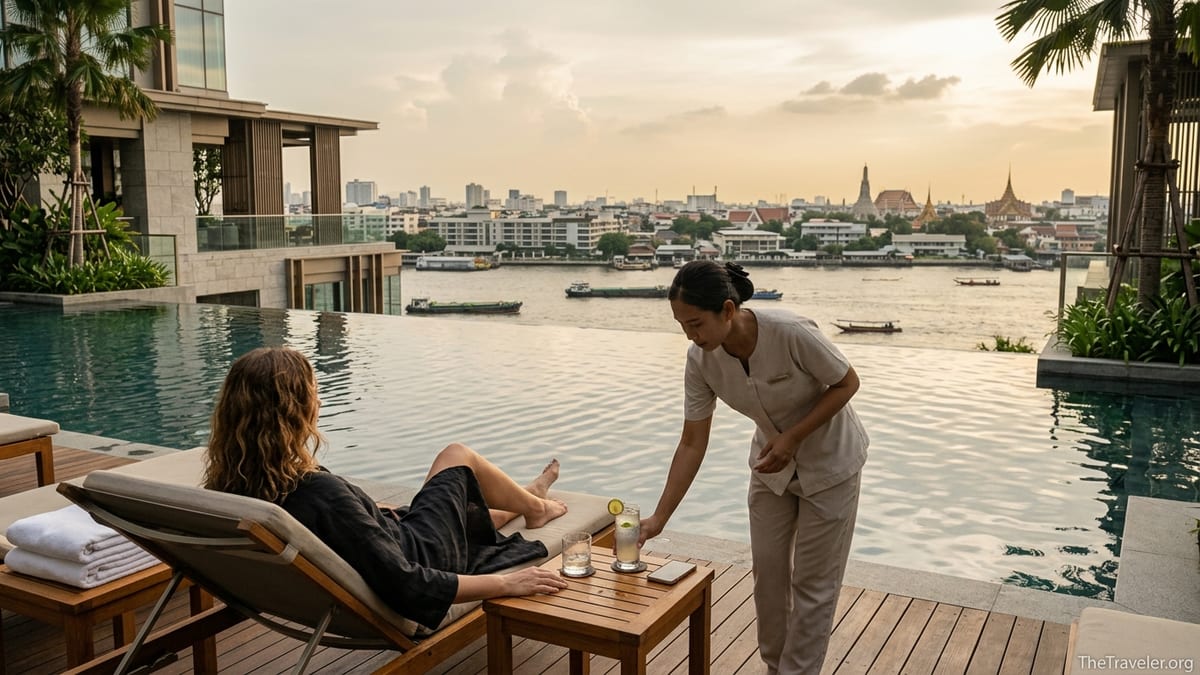 Guest by an infinity pool at a riverside luxury hotel at sunset with staff delivering a drink.