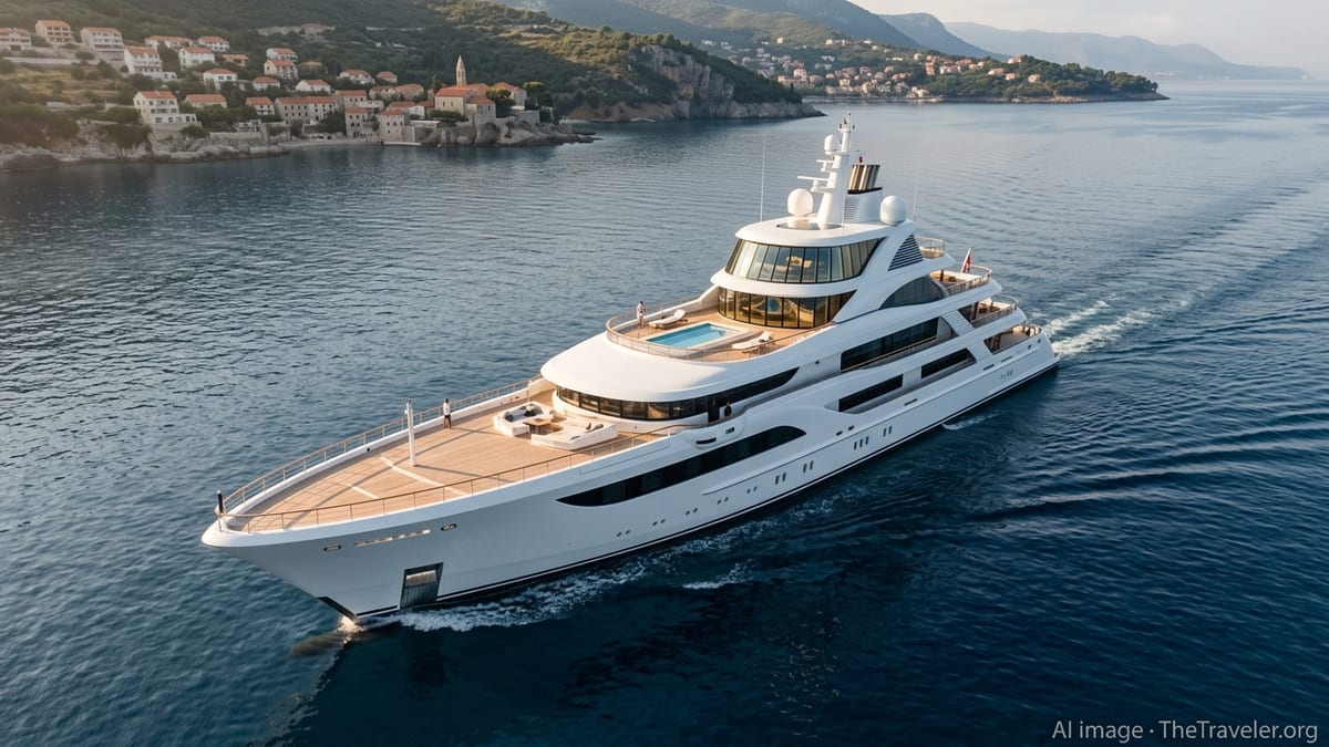 A sleek Four Seasons luxury yacht cruises past a sunlit Mediterranean coastline at golden hour.