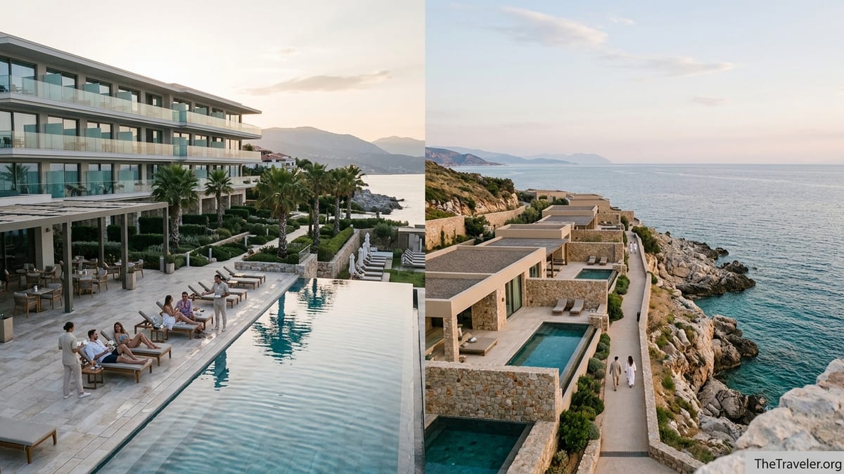 Luxury beachfront resort beside a secluded cliffside retreat at sunset, contrasting Four Seasons and Aman styles.