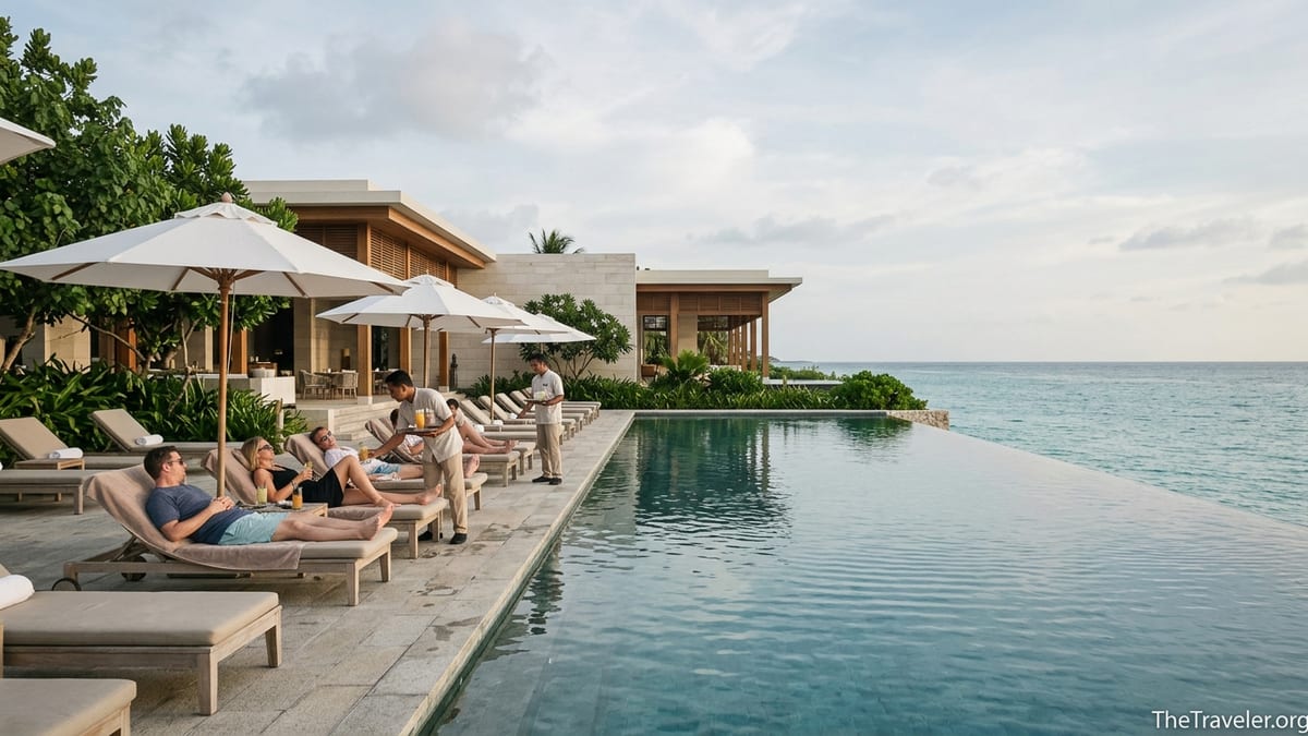 Guests relax by an oceanfront infinity pool at a tropical luxury resort at sunset.