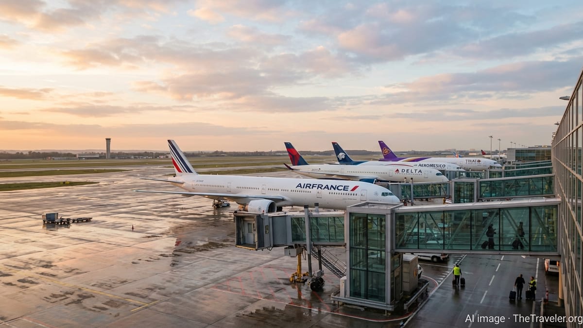 Long-haul jets from multiple airlines parked at Paris Charles de Gaulle at sunset.