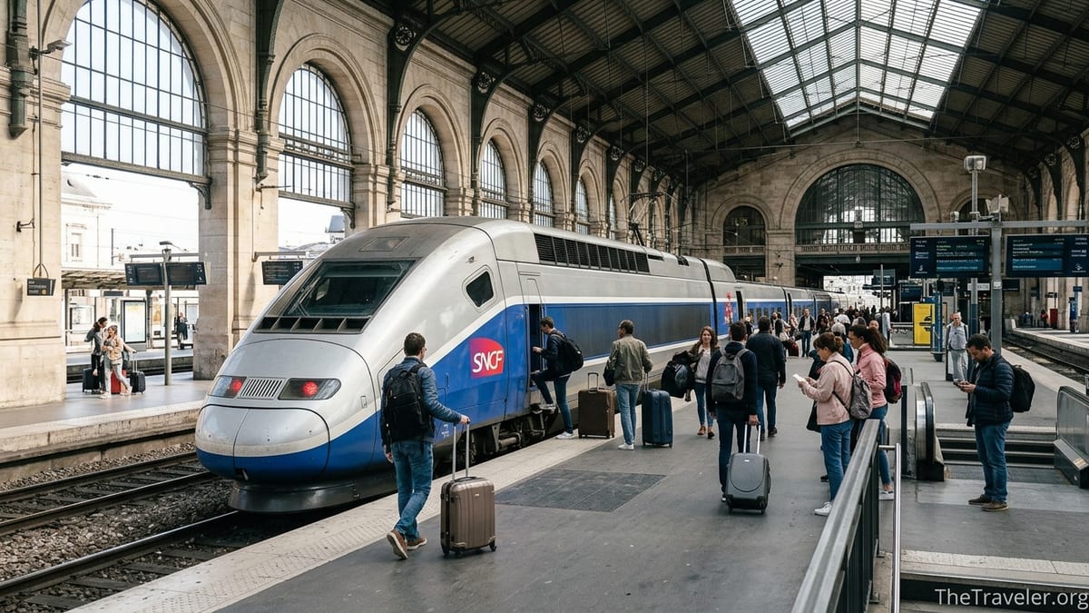 Travelers boarding a TGV train at Paris Gare de Lyon under a glass-roofed station hall.