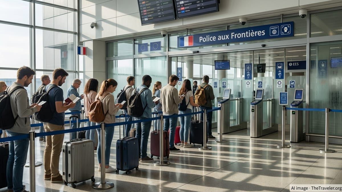 Tourists queuing at passport control in a French airport with signs for border checks.