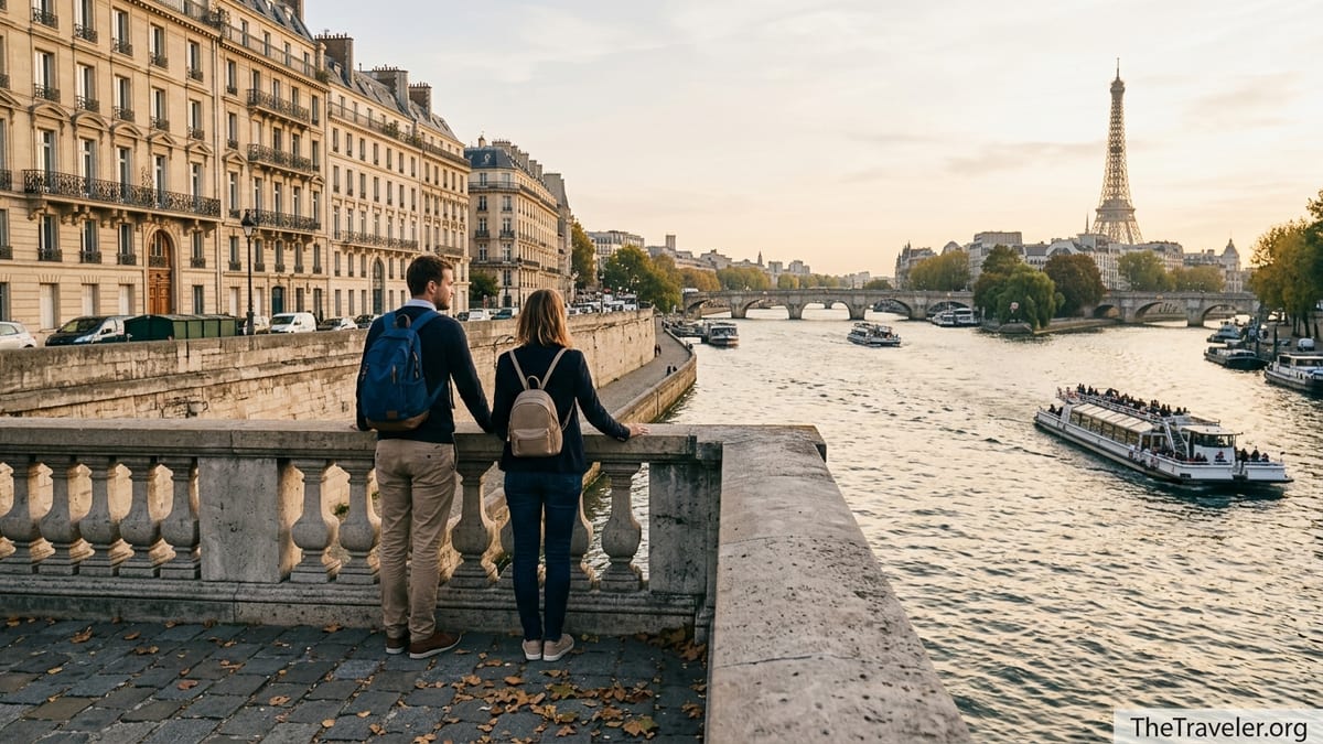 Couple overlooking the Seine River and Eiffel Tower in Paris at golden hour