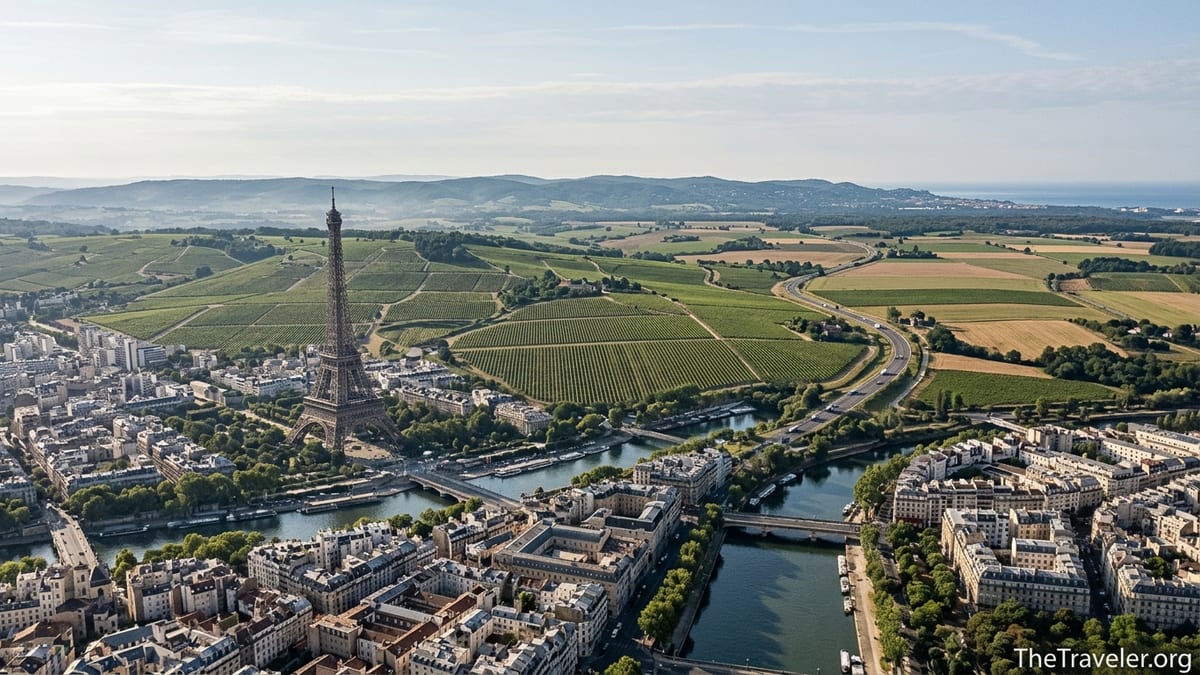 Aerial view linking central Paris, French vineyards and distant Mediterranean coastline at sunrise.