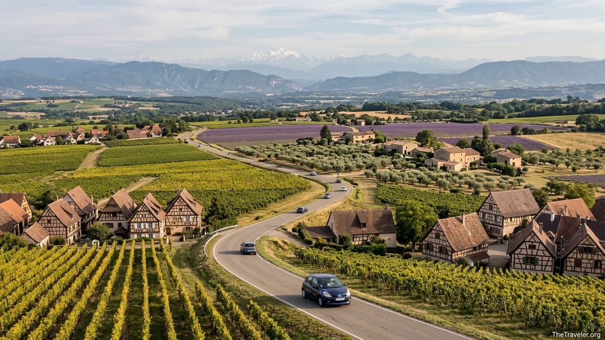 A winding French country road passes vineyards, villages and distant Alps under a soft summer sky.